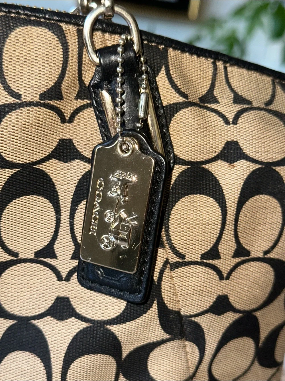 Coach Brown Khaki Signature Canvas Shoulder Tote with Black Trim